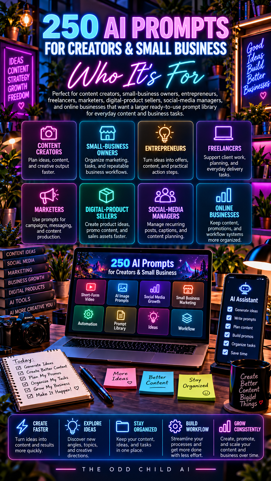 Who it's for infographic for 250 AI Prompts for Creators & Small Business, showing eight audiences including creators, entrepreneurs, freelancers, marketers, online sellers, and social-media managers alongside an illustrated AI prompt toolkit workspace.