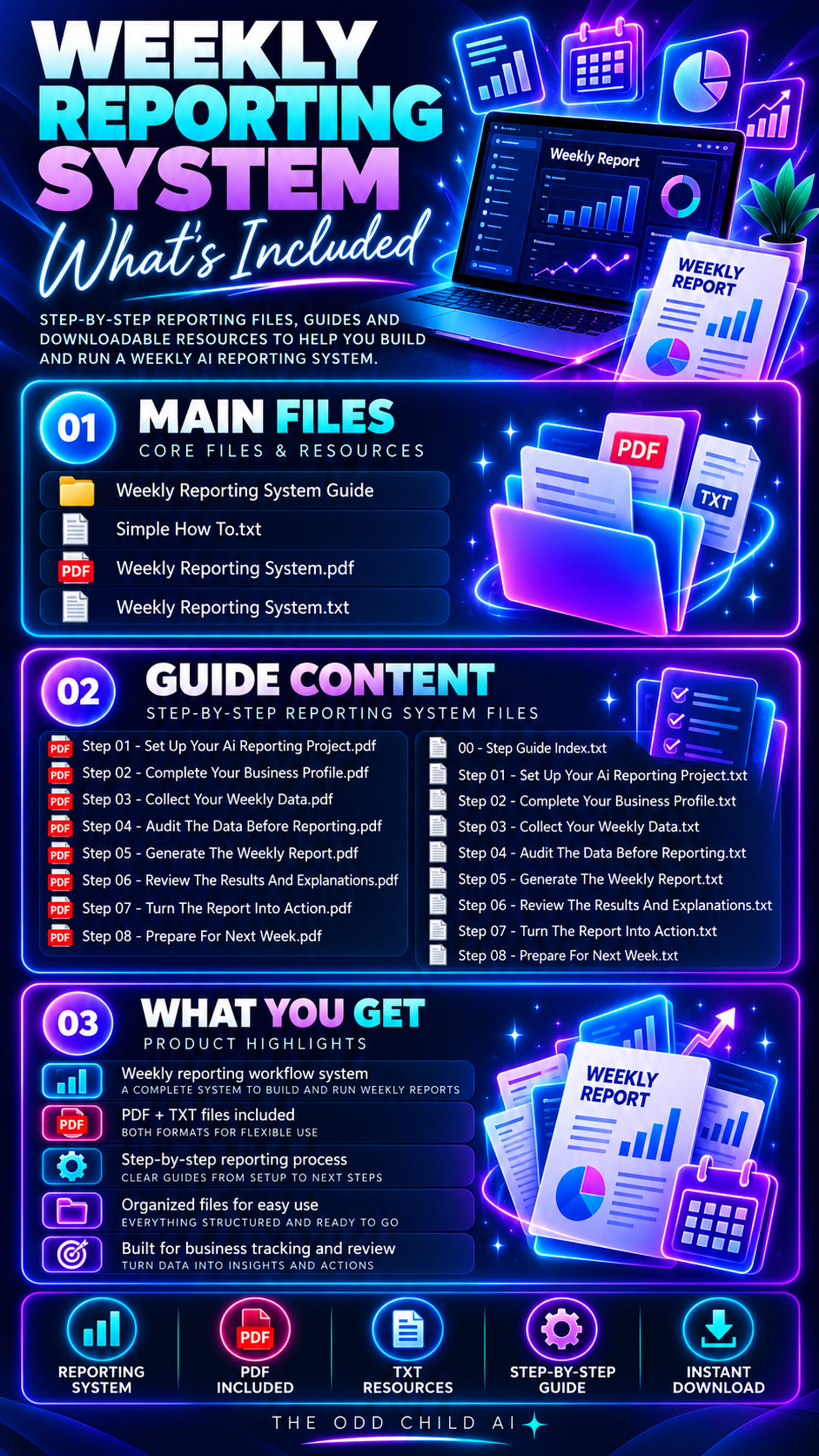 AI Weekly Reporting System contents overview showing 8-step reporting guides, PDF and TXT files, business performance tracking, weekly report generation, and AI reporting workflows.