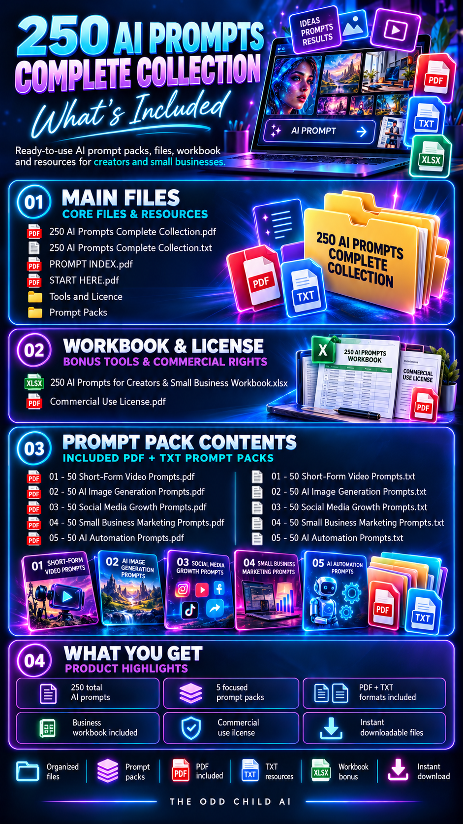 250 AI Prompts for Creators & Small Business contents overview showing five AI prompt packs, PDF and TXT files, Excel workbook, marketing and automation prompts, and commercial-use license.