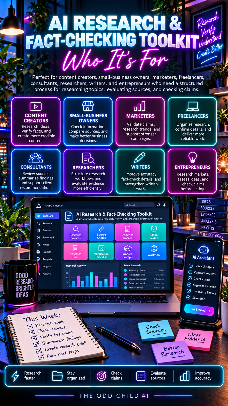 AI Research & Fact-Checking Toolkit Who It's For infographic showing content creators, small-business owners, marketers, freelancers, consultants, researchers, writers, and entrepreneurs, alongside research and source-verification tools.