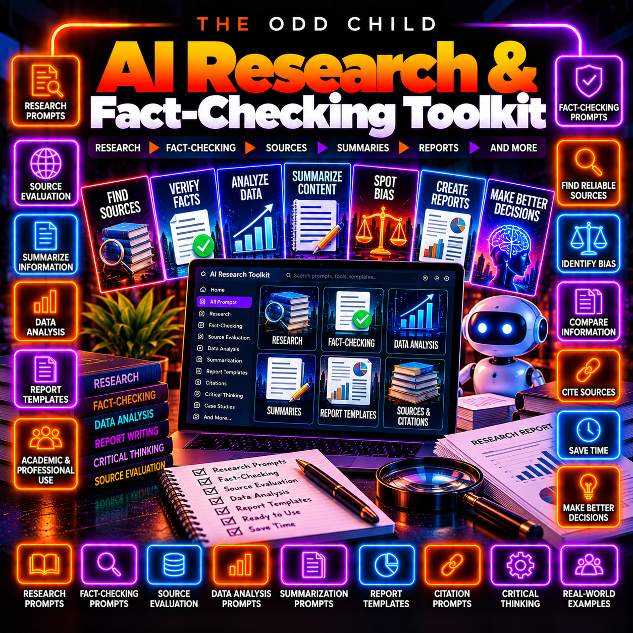 AI Research Toolkit with 30 research and fact-checking prompts, evidence tracker and source checklist