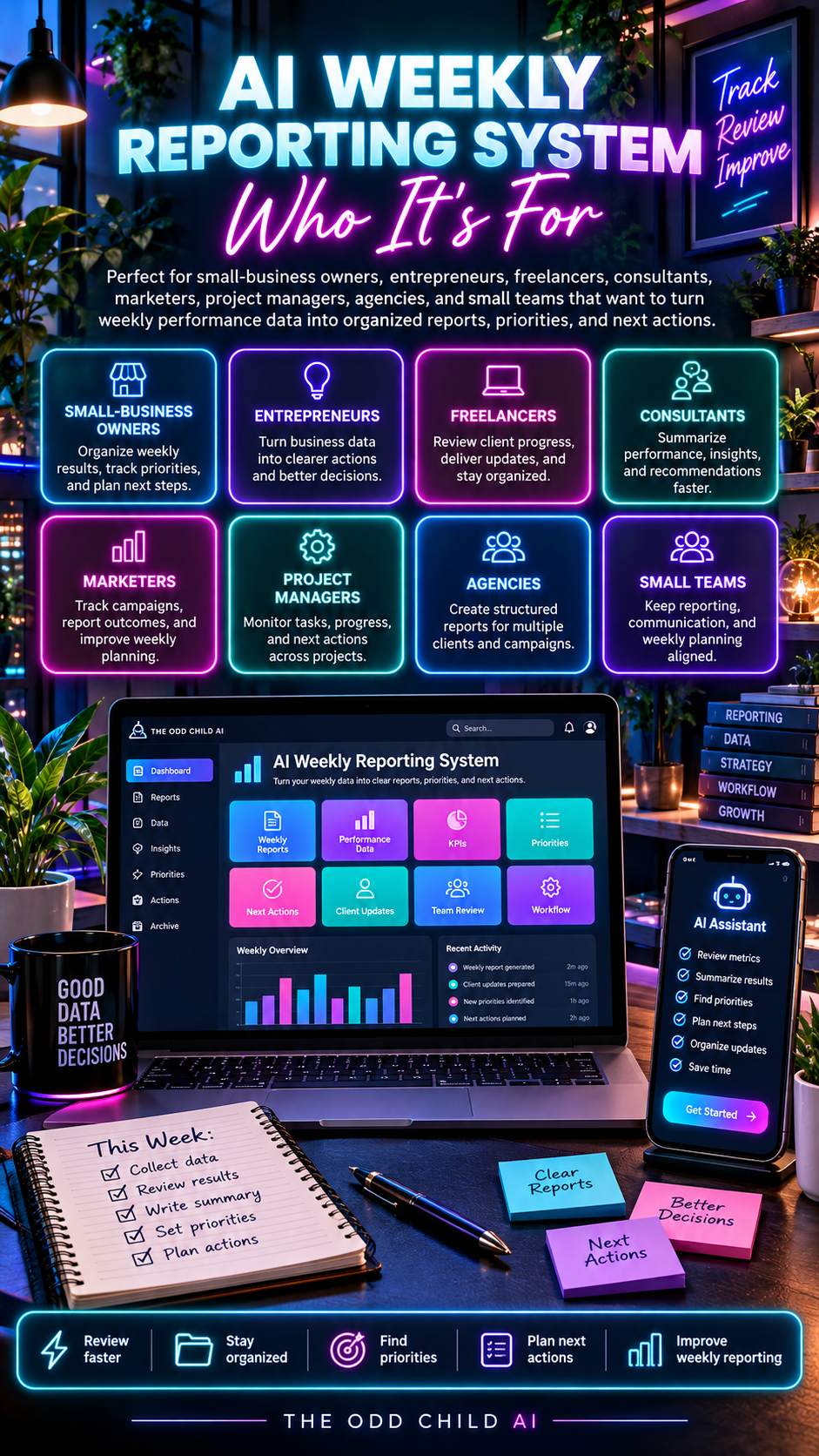 AI Weekly Reporting System Who It's For infographic showing eight audiences, including small-business owners, freelancers, consultants, marketers, project managers, agencies, and teams, alongside a weekly reporting dashboard and planning tools.