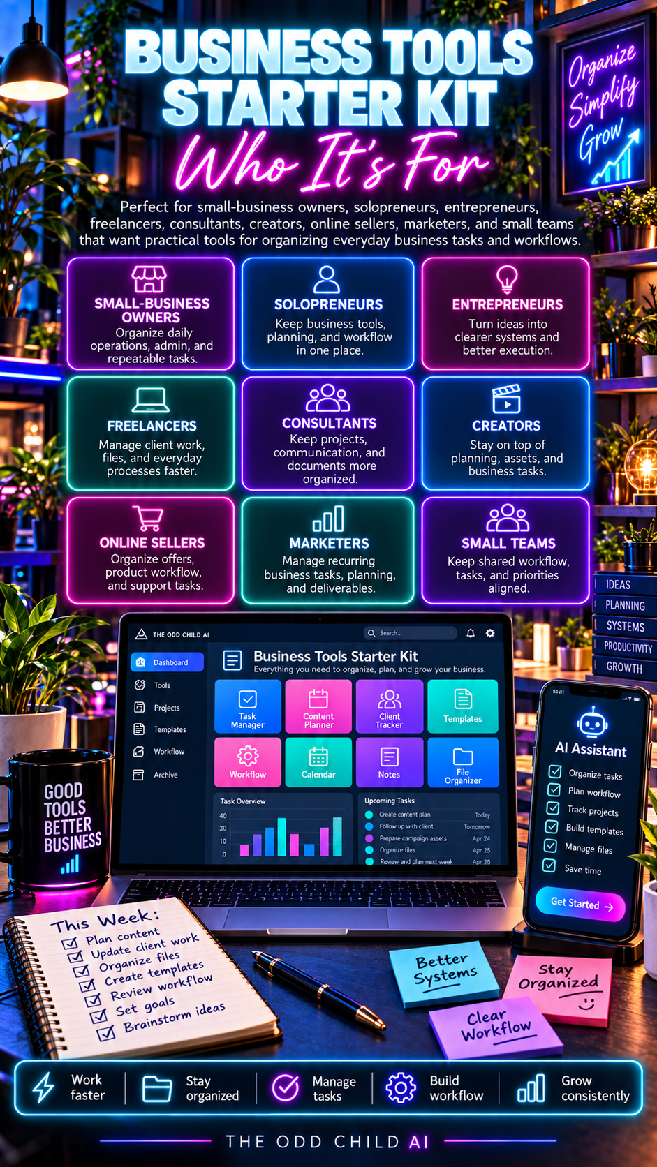 Business Tools Starter Kit Who It's For infographic showing nine audiences, including small-business owners, freelancers, consultants, online sellers, and small teams, alongside an illustrated business task-planning workspace.