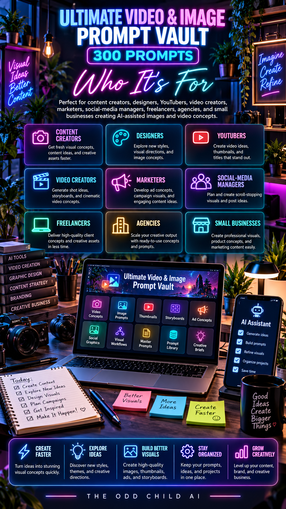 The Ultimate Video & Image Prompt Vault 300 Prompts who it's for infographic highlighting content creators, designers, YouTubers, video creators, marketers, social-media managers, freelancers, agencies, and small businesses creating AI-assisted visual concepts.