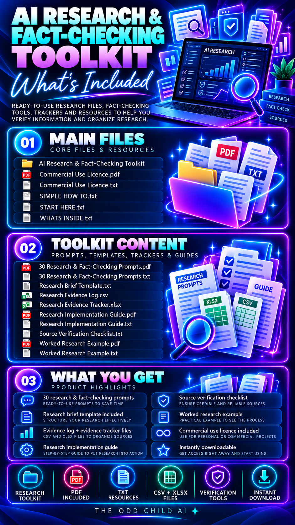 AI Research & Fact-Checking Toolkit contents overview showing 30 AI research prompts, evidence tracking spreadsheets, research templates, source verification checklists, PDF guides, and commercial-use license.