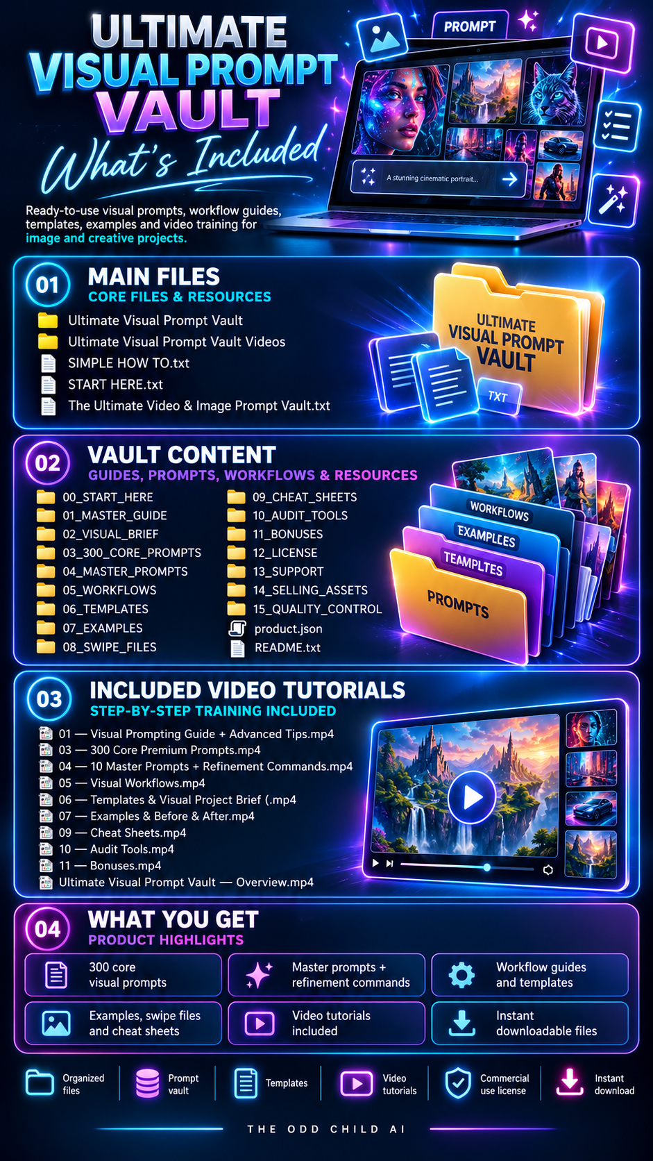 Ultimate Video & Image Prompt Vault contents overview showing 300 AI prompts, master prompts, visual workflows, design templates, video tutorials, creative resources, and commercial-use license.