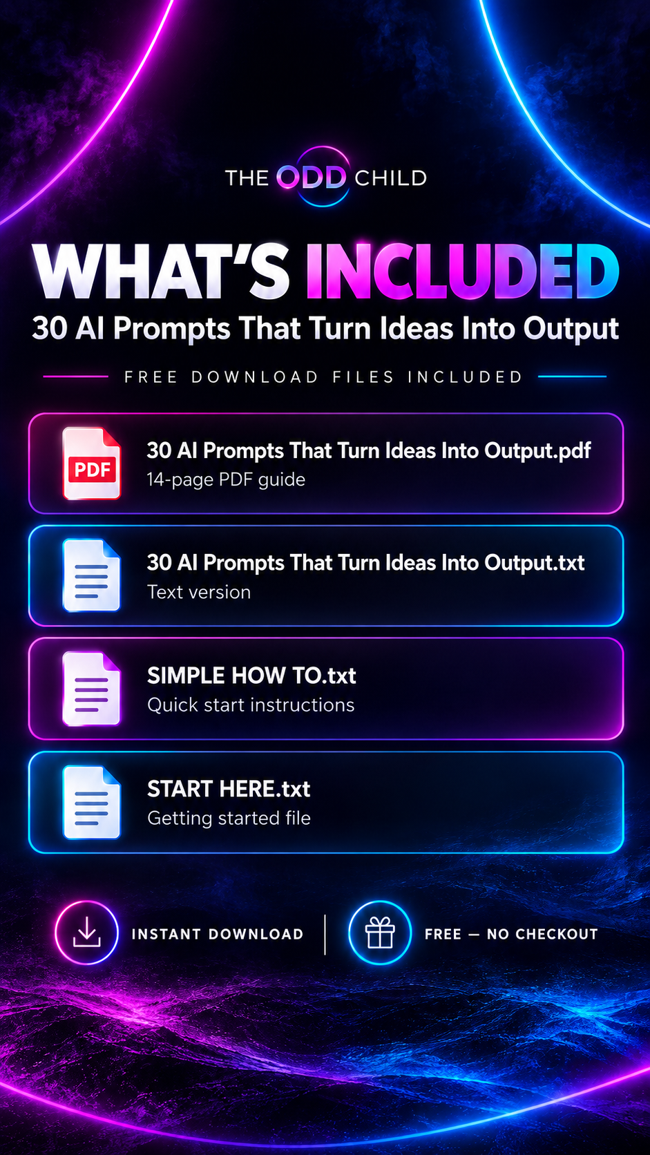 30 free AI prompts download contents showing a 14-page PDF guide, TXT prompt file, how-to instructions, and START HERE guide.