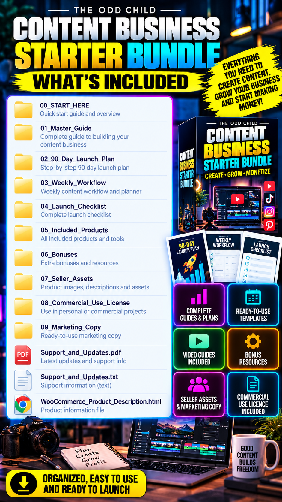 Content Business Starter Bundle what's included infographic showing 90-day launch plan, business guides, weekly workflows, marketing templates, checklists, and video tutorials.