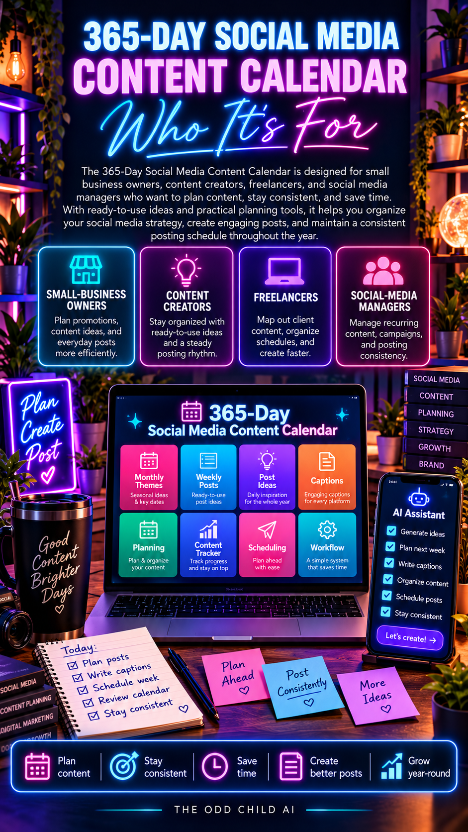 365-Day Social Media Content Calendar who it's for graphic featuring small business owners, content creators, freelancers, and social media managers using planning tools, content ideas, and posting systems to stay consistent on social media throughout the year.