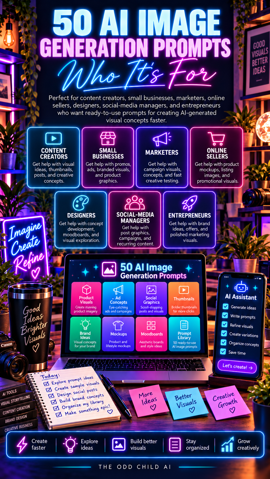 50 AI Image Generation Prompts Who It's For infographic showing content creators, small businesses, marketers, online sellers, designers, social-media managers, and entrepreneurs, with visual prompt and creative workspace illustrations.
