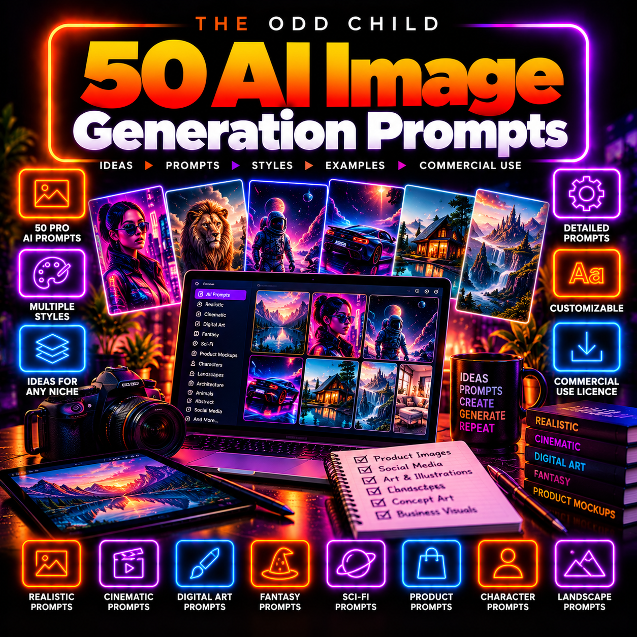 50 AI Image Generation Prompts digital pack for product visuals social media and creative projects