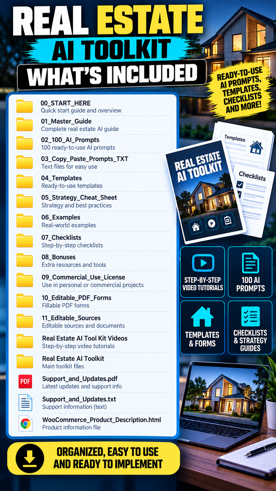 Real Estate AI Toolkit contents showing 100 AI prompts, editable templates, business forms, checklists, strategy guides, video tutorials, and commercial-use resources.