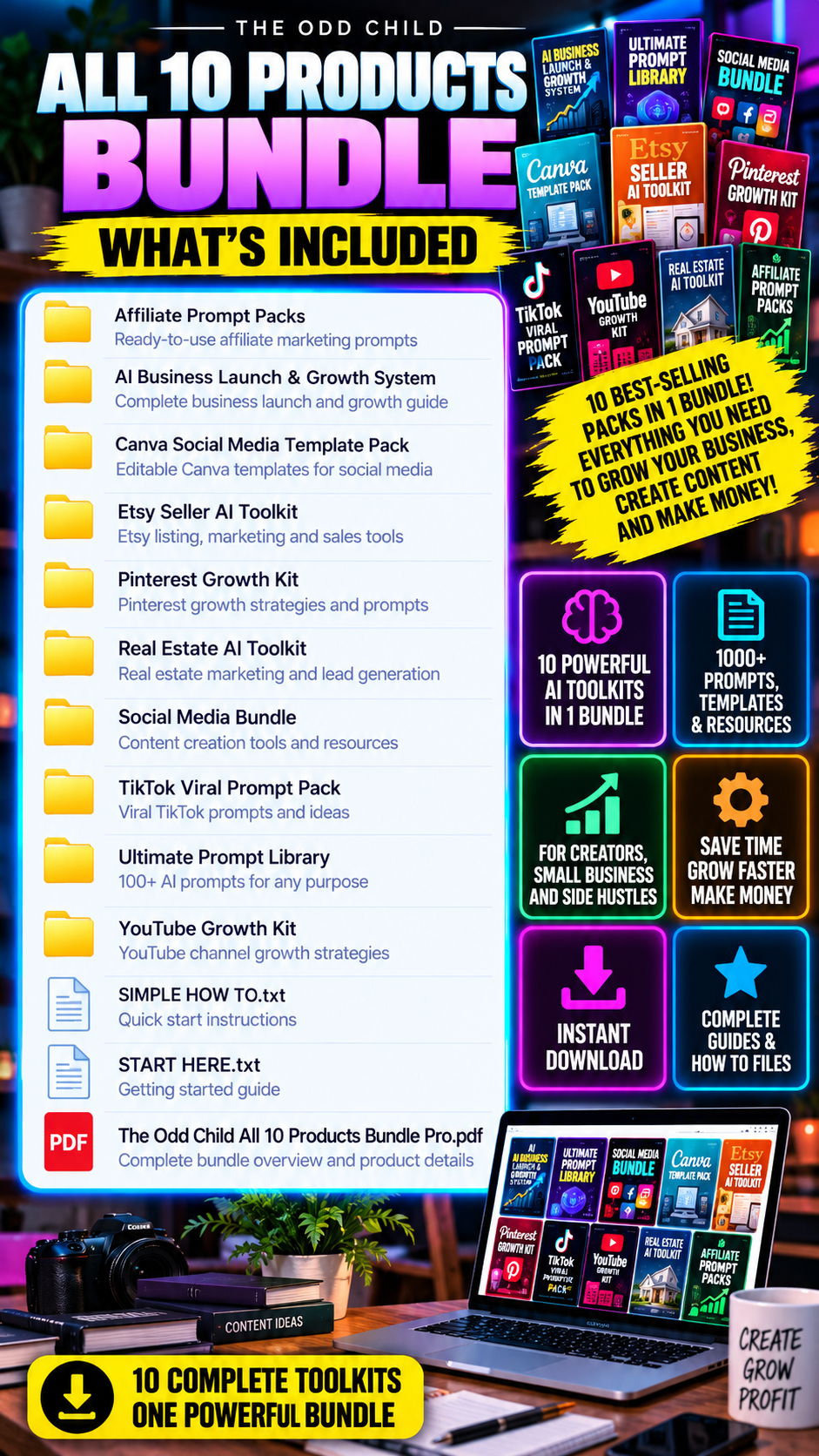 The Odd Child All 10 Products Bundle what's included infographic showing AI business toolkits, prompt libraries, Canva templates, Etsy tools, and social media marketing resources.