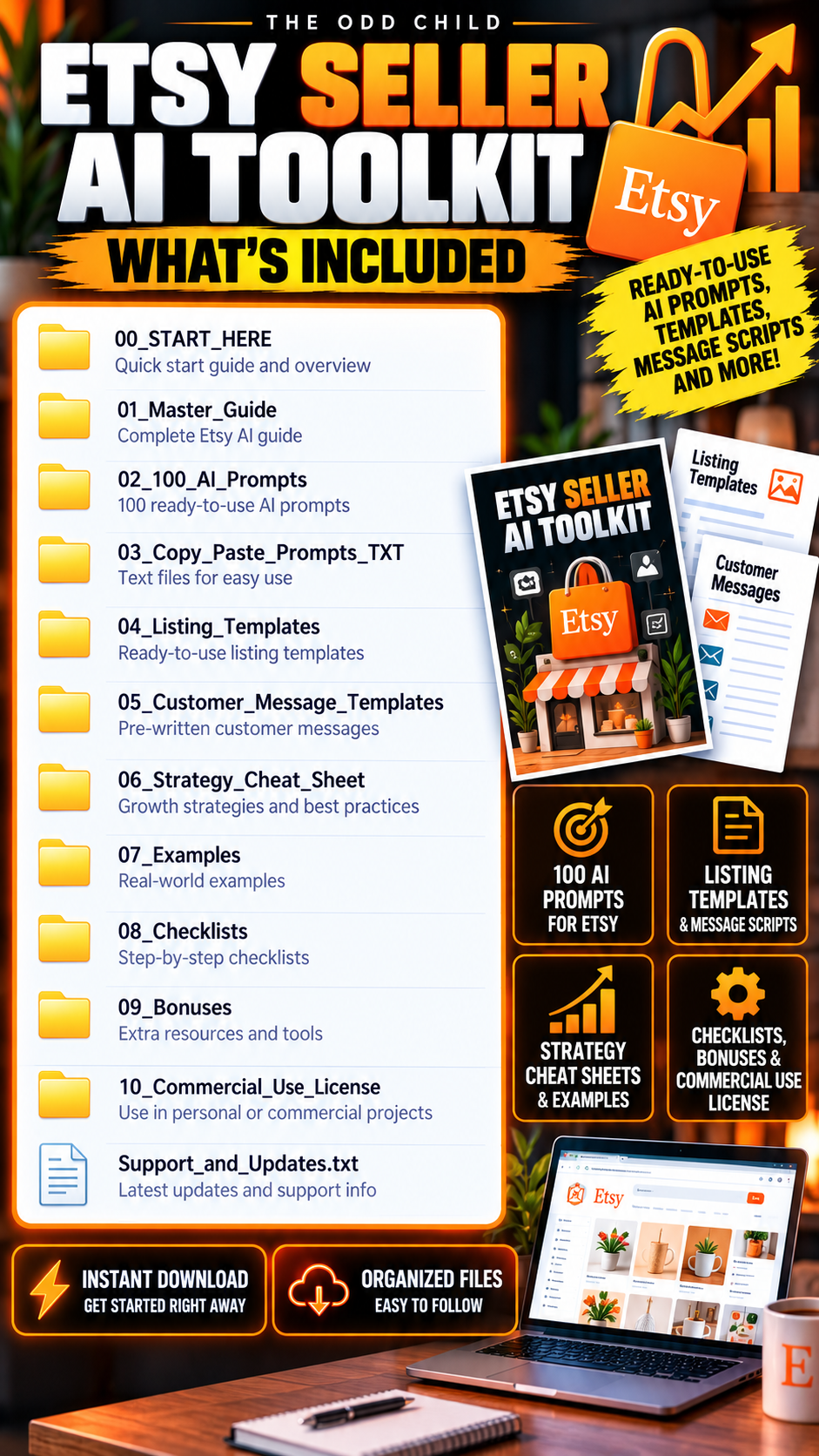 Etsy Seller AI Toolkit what's included infographic showing 100 AI prompts, listing templates, customer messages, strategy guides, checklists, and bonus resources.