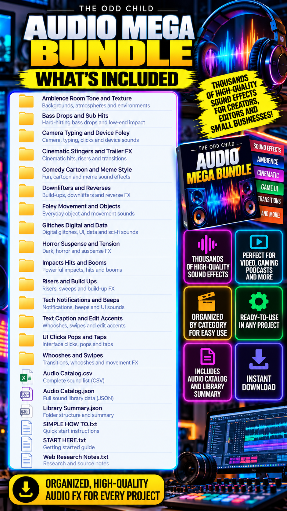 Audio Mega Bundle what's included infographic showing sound effects categories, cinematic audio, transitions, ambience, horror FX, game sounds, and audio catalog files.
