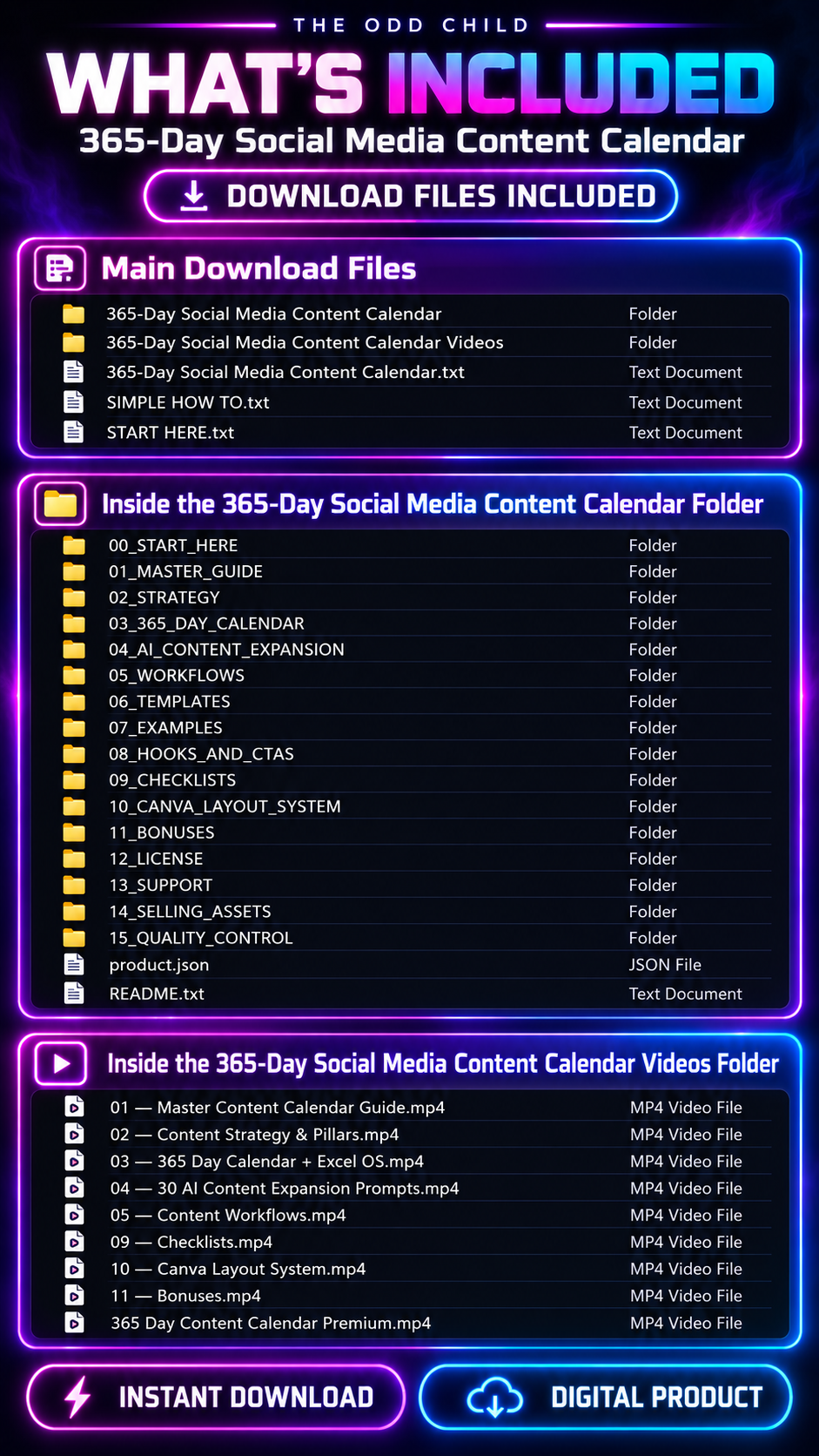 365-Day Social Media Content Calendar what's included infographic showing content planning folders, AI prompts, templates, workflows, checklists, and video tutorials.