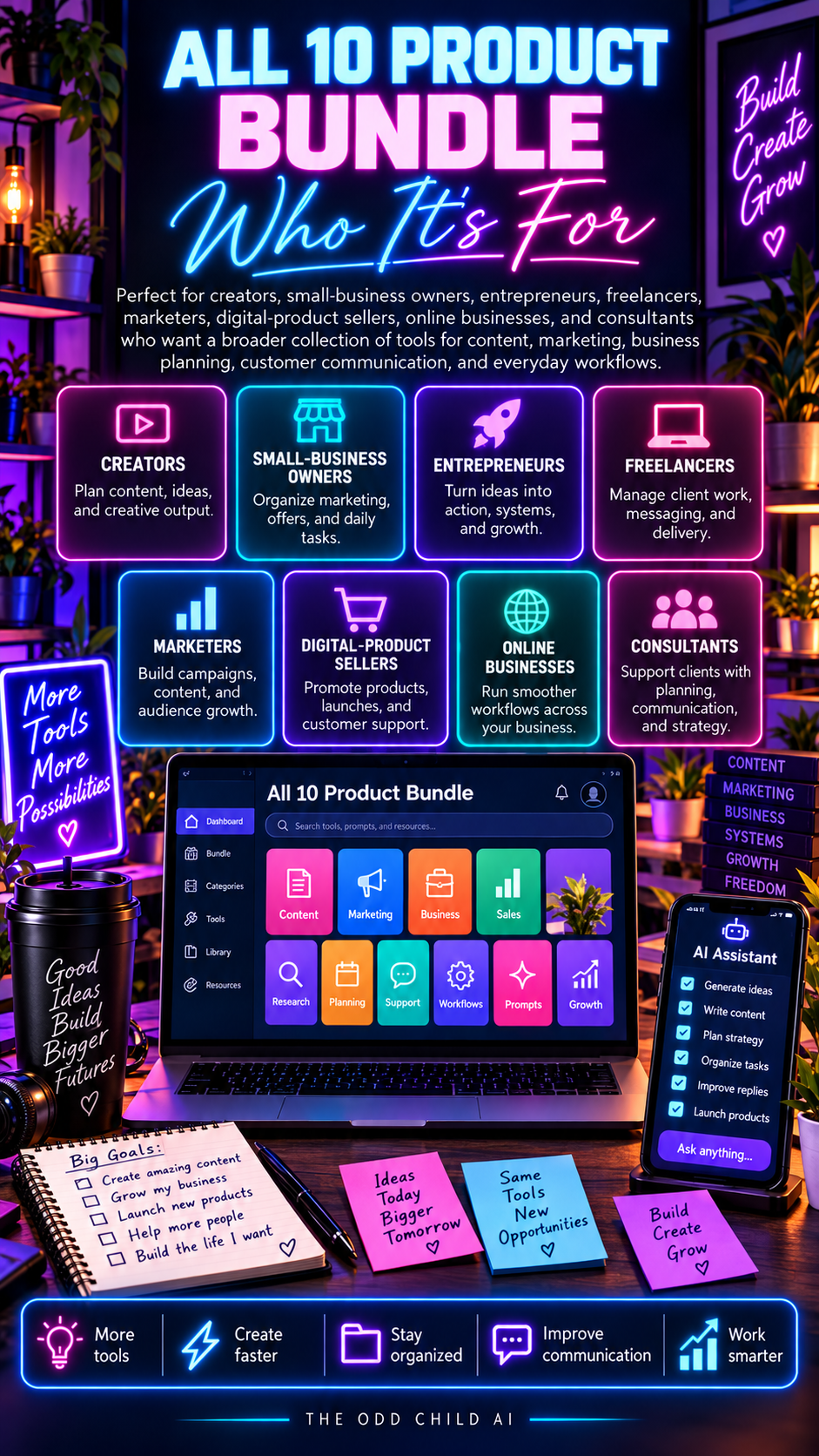 All 10 Product Bundle Who It's For graphic showing creators, small-business owners, entrepreneurs, freelancers, marketers, digital-product sellers, online businesses, and consultants, with a digital toolkit workspace illustration.