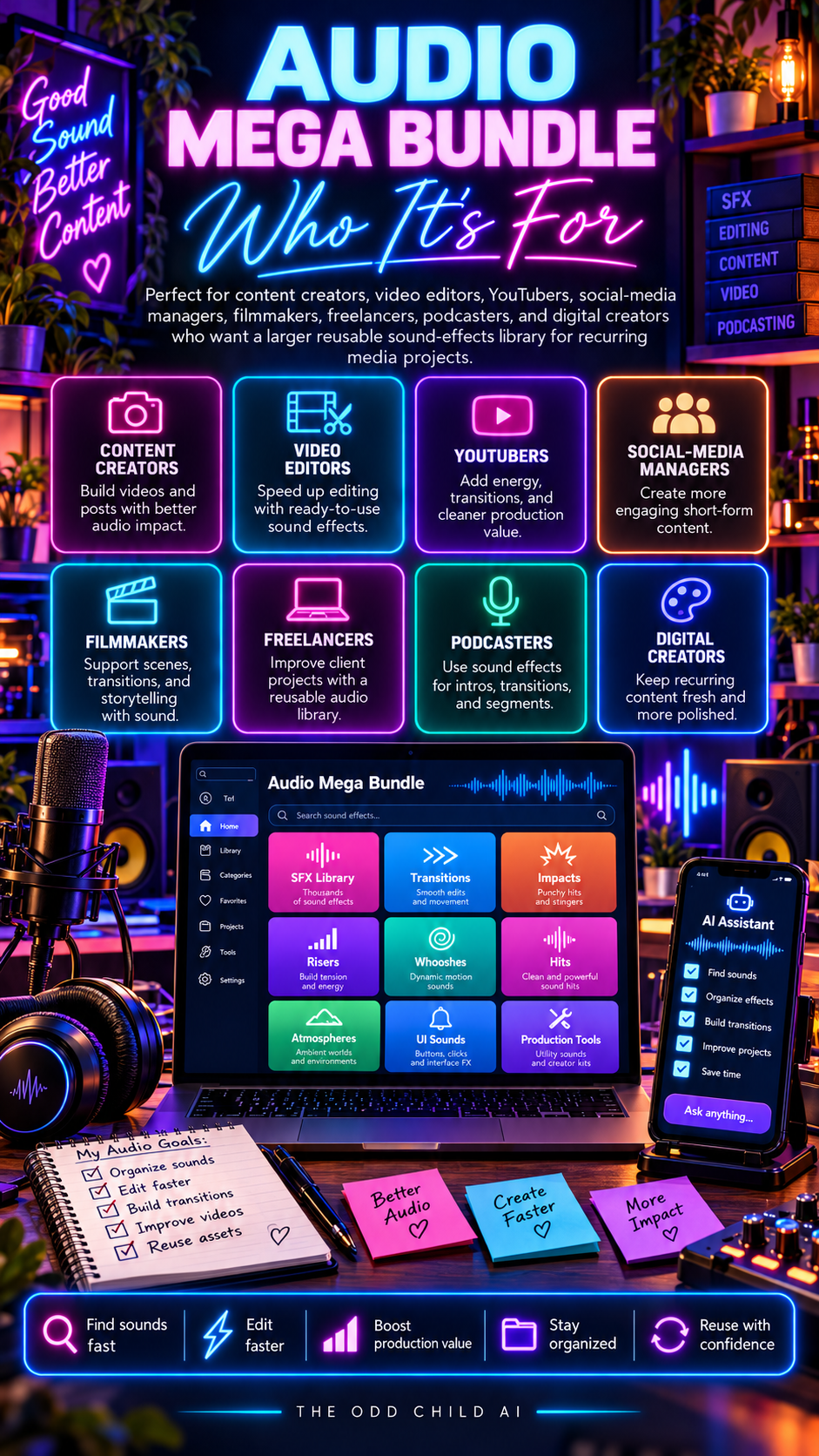Audio Mega Bundle who it's for graphic featuring content creators, video editors, YouTubers, social-media managers, filmmakers, freelancers, podcasters, and digital creators using reusable sound effects for videos, podcasts, and recurring media projects.