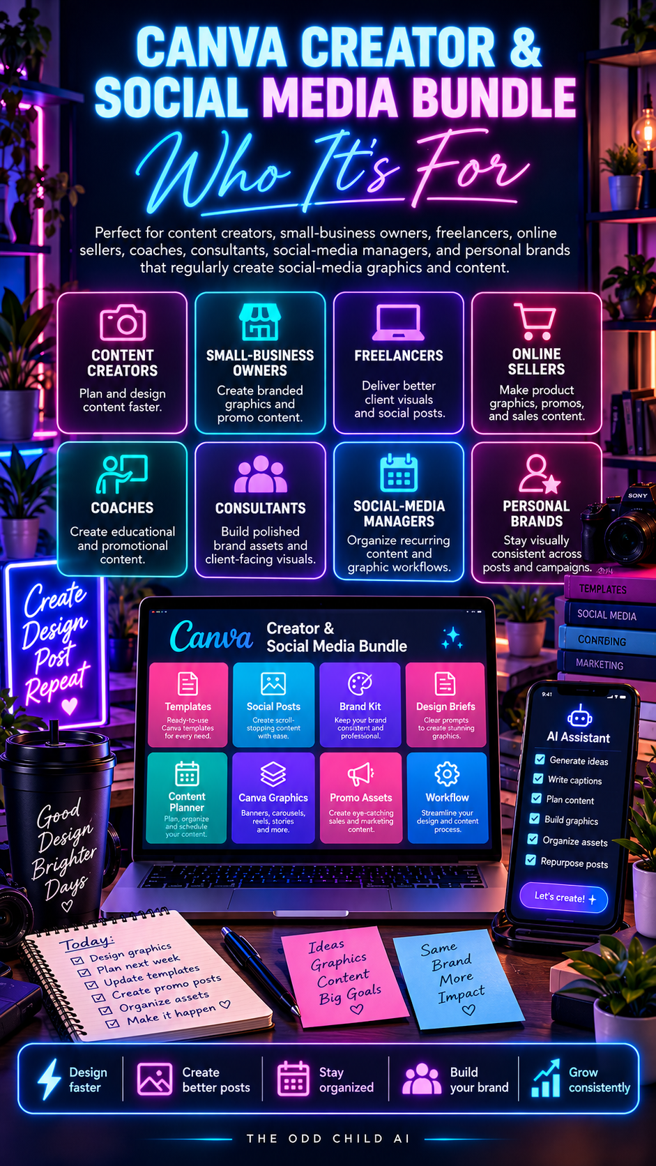 Canva Creator & Social Media Bundle who it's for graphic featuring content creators, small-business owners, freelancers, online sellers, coaches, consultants, social-media managers, and personal brands creating social-media graphics and content.