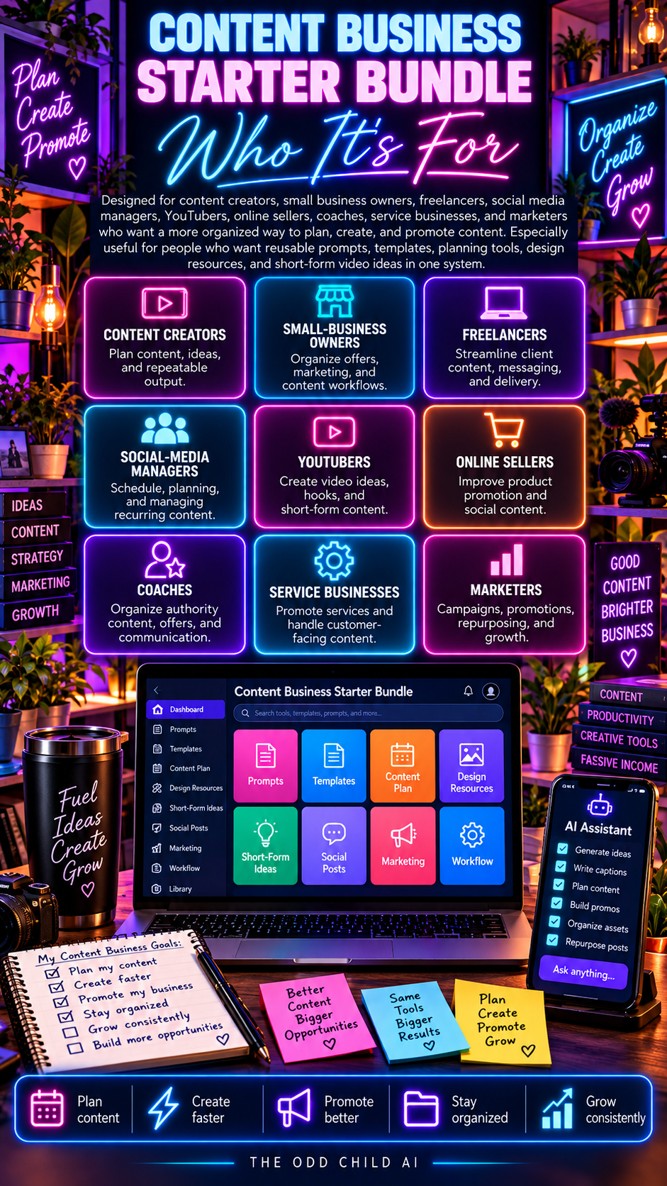Content Business Starter Bundle Who It's For infographic showing content creators, small-business owners, freelancers, social-media managers, YouTubers, online sellers, coaches, service businesses, and marketers, with a content planning workspace.