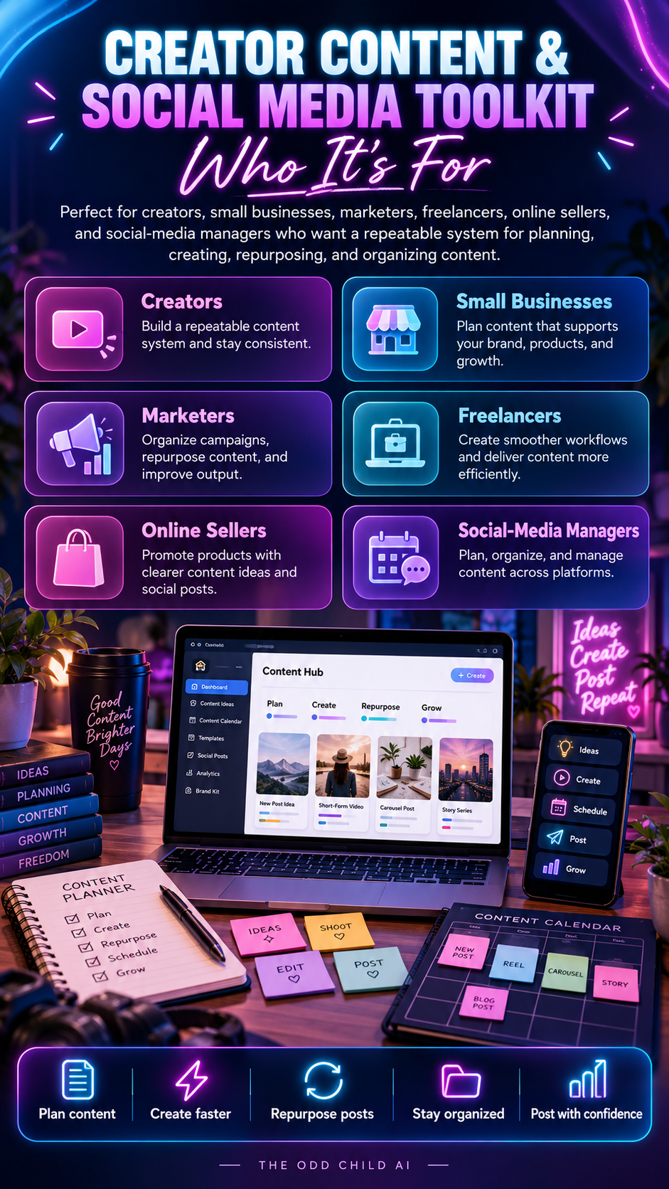 Creator Content & Social Media Toolkit Who It's For infographic showing creators, small businesses, marketers, freelancers, online sellers, and social-media managers using content planning and organization workflows.