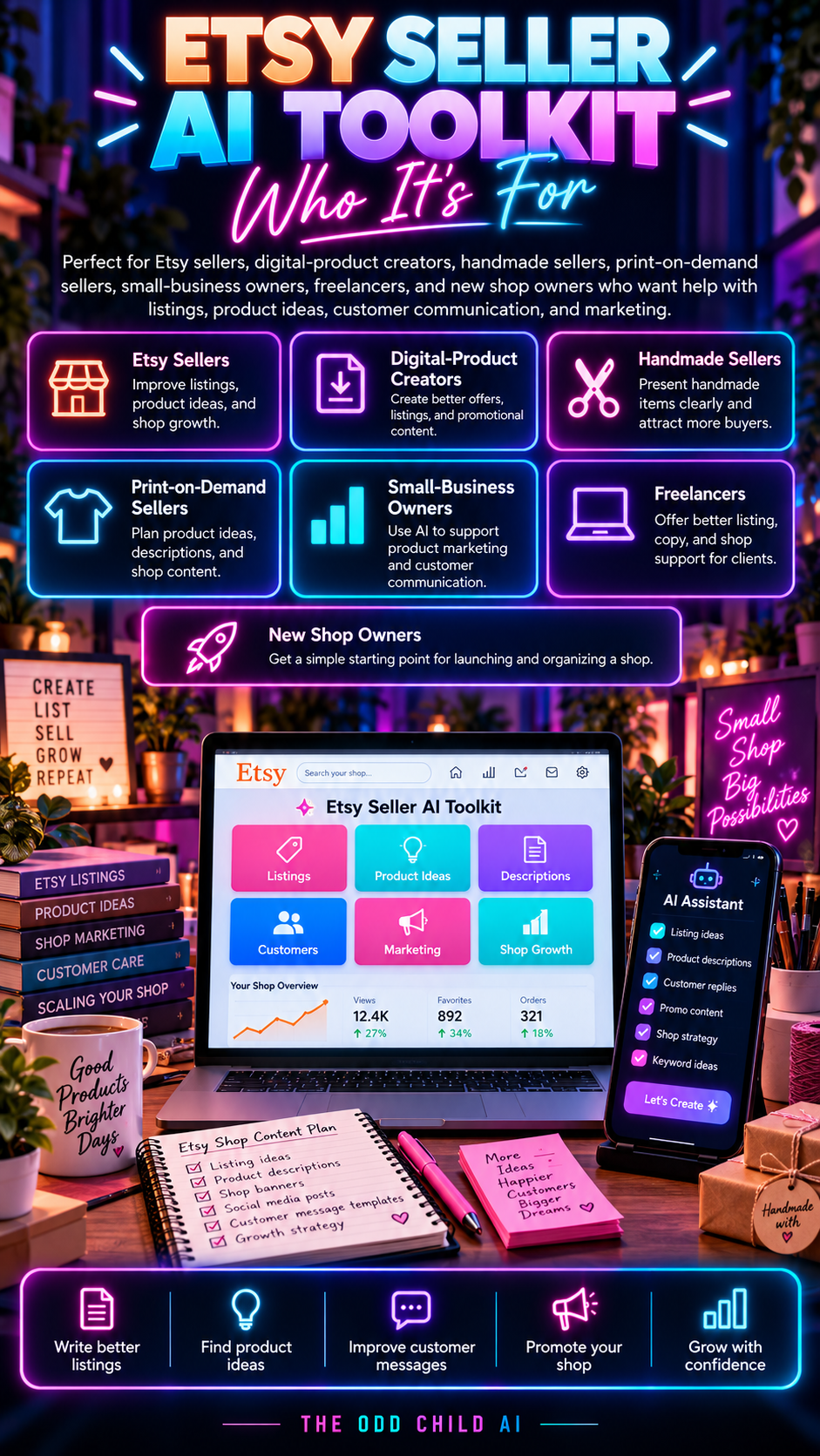 Etsy Seller AI Toolkit who it's for graphic featuring Etsy sellers, digital-product creators, handmade sellers, print-on-demand sellers, small-business owners, freelancers, and new shop owners using AI for listings, product ideas, customer communication, and marketing.
