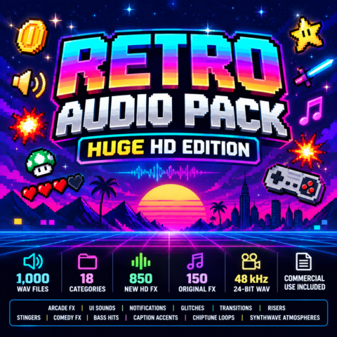 Retro Sound Effects Pack cover featuring vintage arcade-inspired audio for video creators and game projects