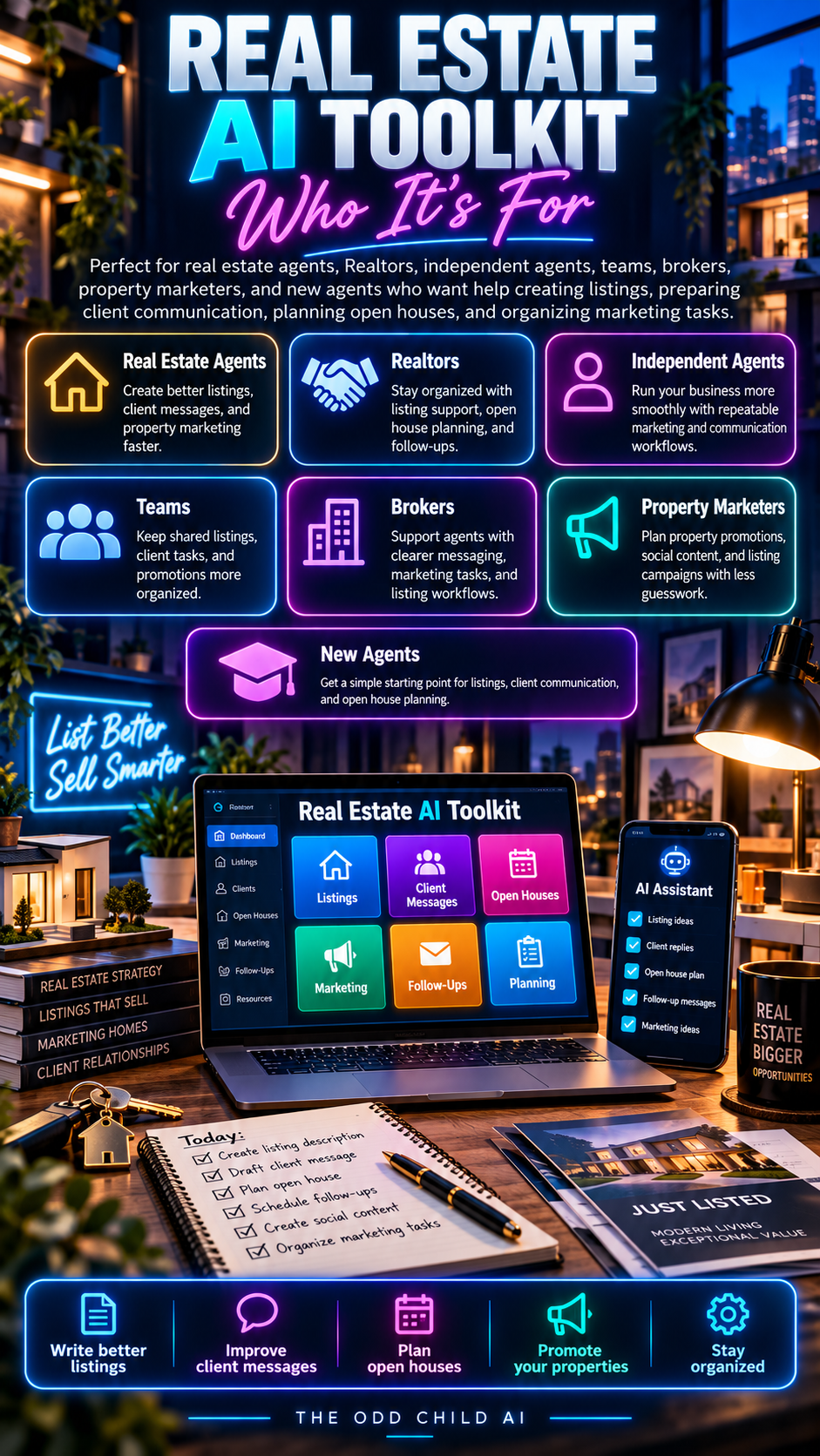 Real Estate AI Toolkit who it's for graphic featuring real estate agents, Realtors, independent agents, teams, brokers, property marketers, and new agents using AI for listings, client communication, open house planning, and real estate marketing tasks.