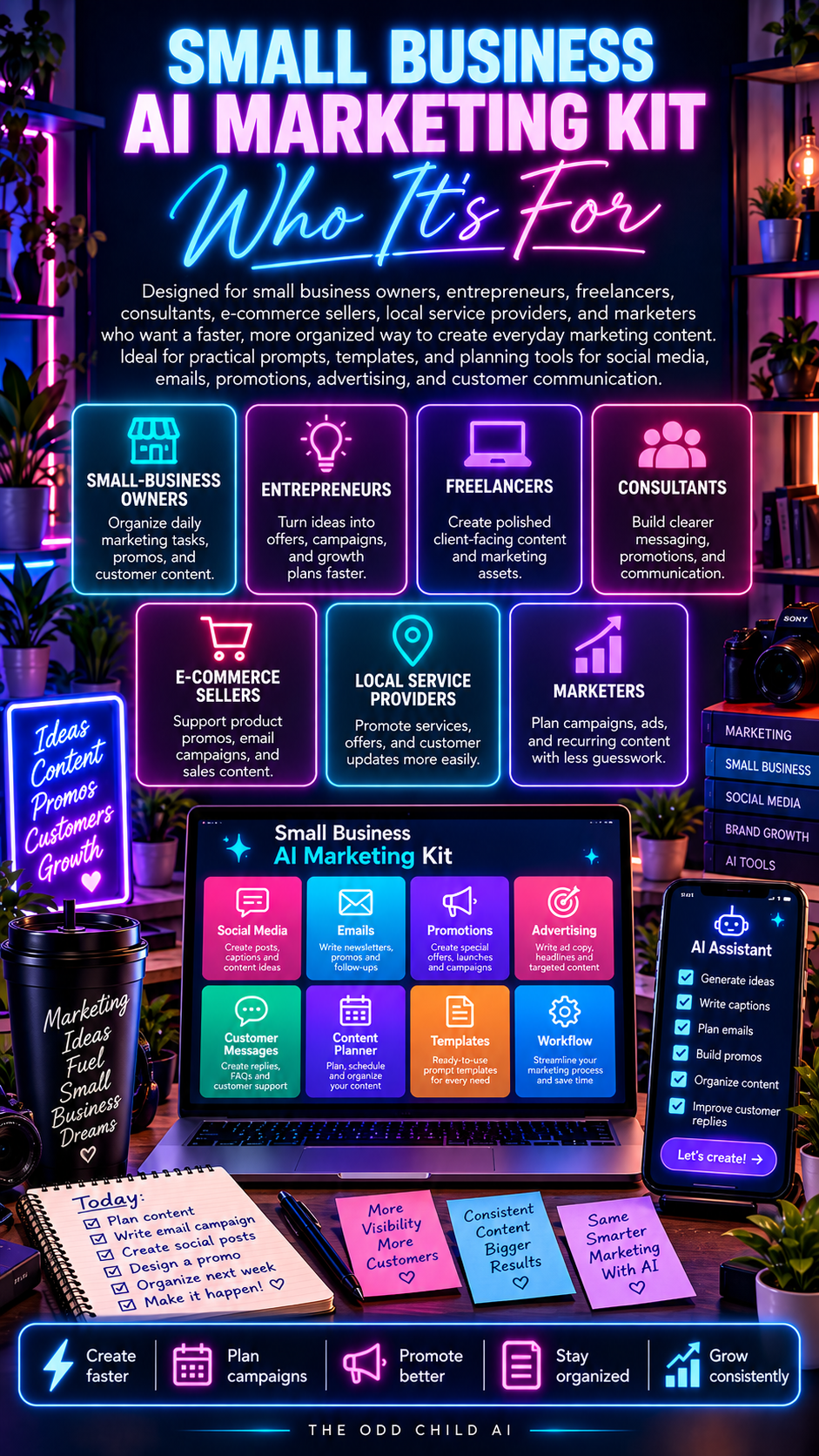 Small Business AI Marketing Kit who it's for graphic featuring small business owners, entrepreneurs, freelancers, consultants, e-commerce sellers, local service providers, and marketers using AI for social media, emails, promotions, advertising, and customer communication.