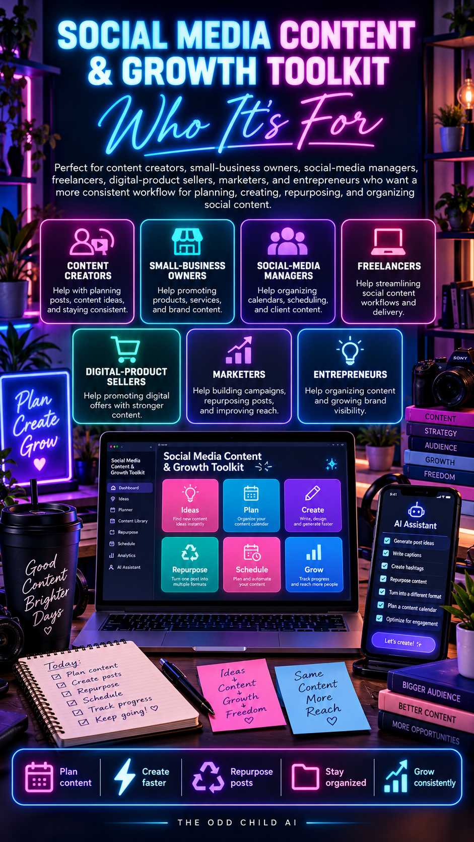 Social Media Content & Growth Toolkit who it's for graphic featuring content creators, small-business owners, social-media managers, freelancers, digital-product sellers, marketers, and entrepreneurs using AI for planning, creating, repurposing, and organizing social content.