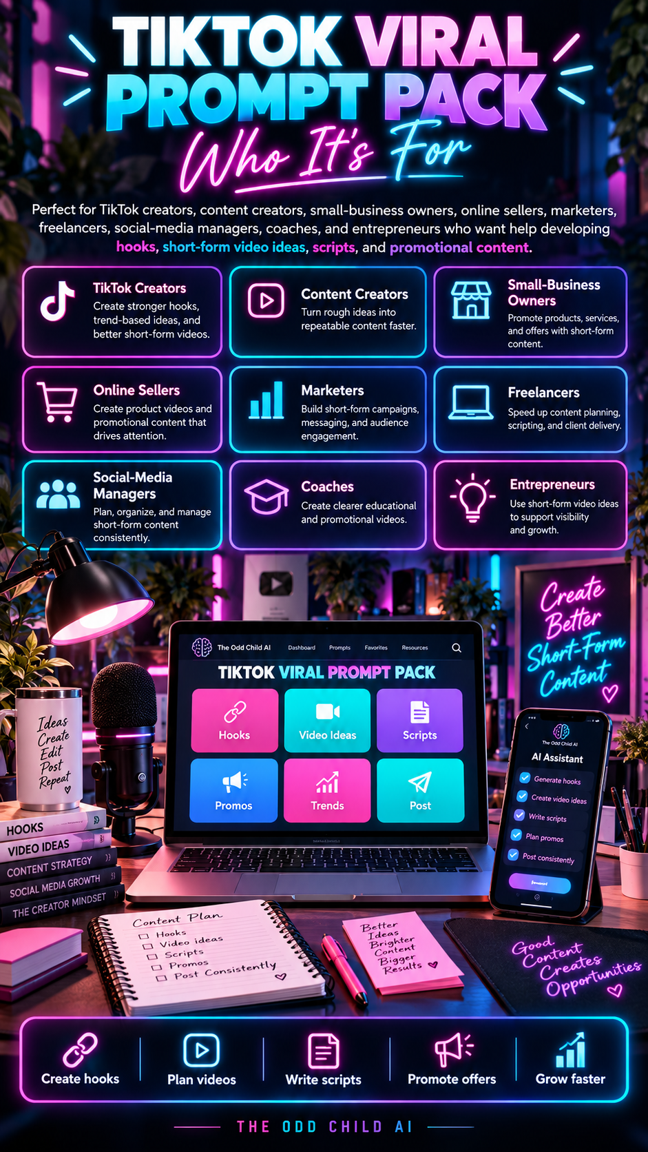 TikTok Viral Prompt Pack who it's for graphic featuring TikTok creators, content creators, small-business owners, online sellers, marketers, freelancers, social-media managers, coaches, and entrepreneurs using AI for hooks, short-form video ideas, scripts, and promotional content.