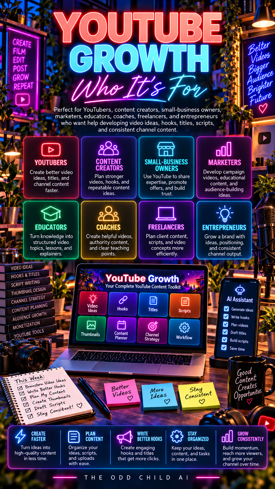 YouTube Growth who it's for graphic featuring YouTubers, content creators, small-business owners, marketers, educators, coaches, freelancers, and entrepreneurs using AI for video ideas, hooks, titles, scripts, and consistent YouTube channel content.