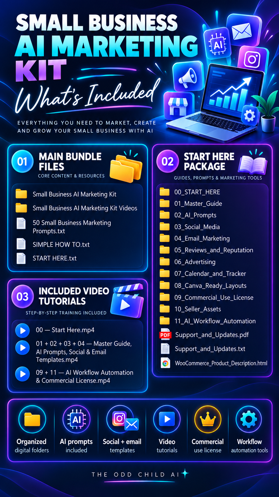 Small Business AI Marketing Kit contents overview showing 50 AI prompts, social media templates, email marketing tools, Canva layouts, automation resources, video tutorials, and commercial-use license.