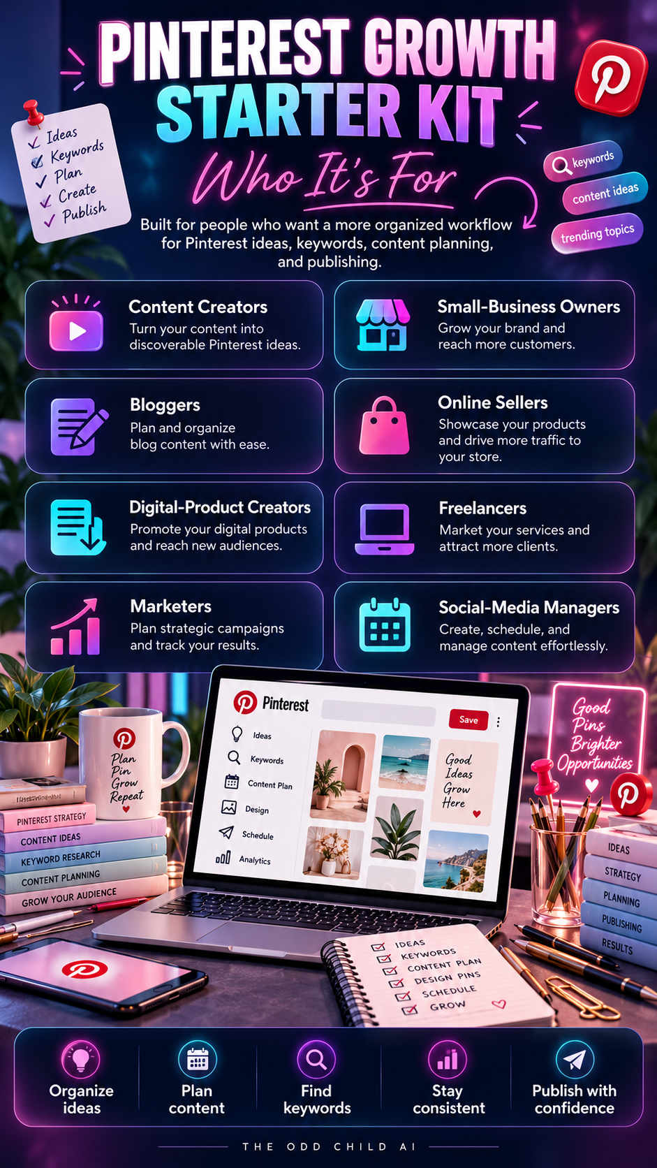 Pinterest Growth Starter Kit for content creators, small businesses, bloggers, online sellers, freelancers, and social media managers, featuring Pinterest marketing, keyword research, and content planning tools.