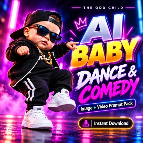 AI baby dance video prompts cover featuring a fictional 3D baby dancer in a black tracksuit and neon dance studio