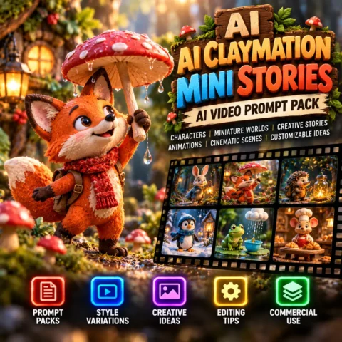 AI claymation video prompts featuring a handcrafted orange clay fox wearing a felt scarf in a miniature forest