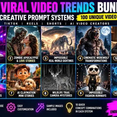 AI Viral Video Trends Bundle cover showing 10 creative AI video concepts, including baby dancing, werewolf transformations, talking animals, and fantasy scenes.