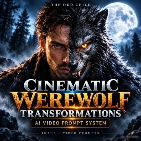 AI werewolf video prompts featuring a cinematic werewolf transformation in a moonlit forest with dramatic supernatural lighting