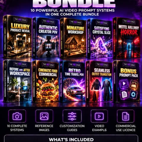 AI video prompt systems complete bundle featuring 10 cinematic image-to-video concepts for creators, product advertising, transformations, fashion and storytelling