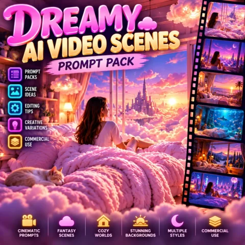 AI dream bedroom video prompts featuring a luxurious floating cloud-shaped bed with a crescent moon headboard overlooking pastel clouds