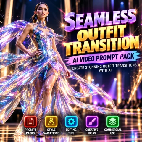 AI fashion runway video prompts featuring a futuristic model wearing a sculptural metallic silver dress on a cinematic black runway