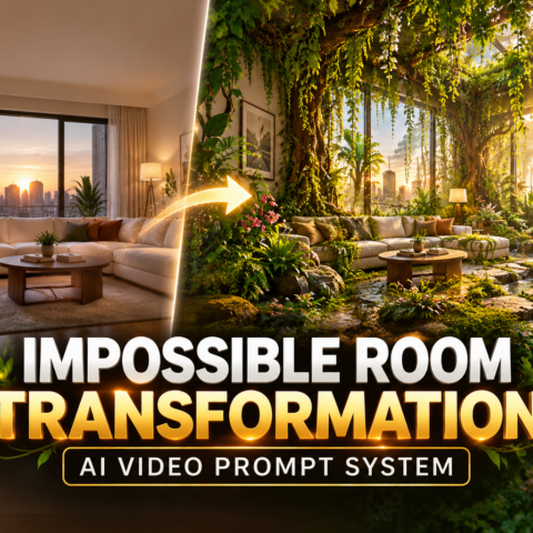 Impossible room transformation showing a modern living room turning into a lush indoor forest with cinematic sunlight and greenery