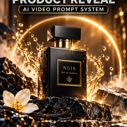 Luxury product reveal showing a matte-black perfume bottle on a dark stone pedestal with dramatic golden studio lighting