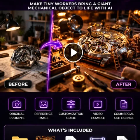 AI-generated miniature workshop showing tiny workers assembling a giant mechanical watch, with intricate gears, detailed craftsmanship, and warm cinematic lighting.