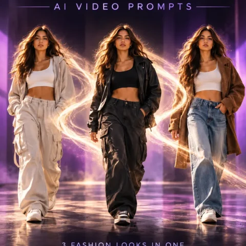 Seamless outfit transition AI video prompt showing one adult fashion model transforming through three distinct outfits with consistent styling