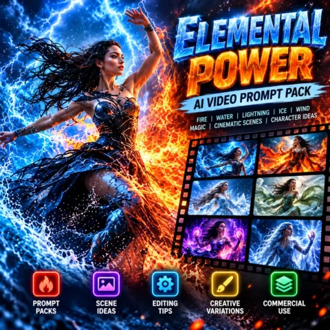 Elemental transformation AI video prompts featuring a cinematic dancer surrounded by blue lightning, orange flames, ice and wind effects