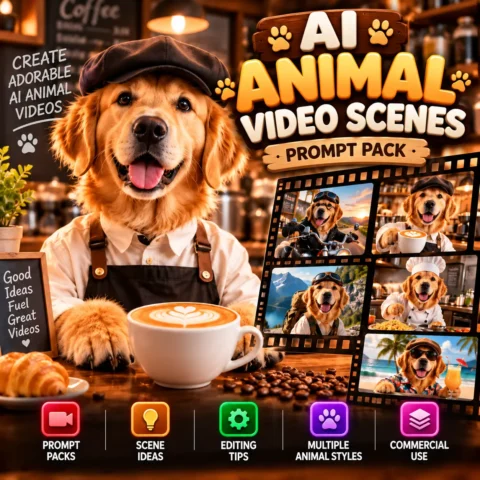 AI talking animal video prompts featuring a friendly 3D red panda barista inside a miniature coffee shop