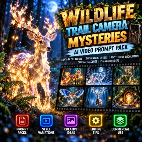 AI wildlife video prompts featuring a glowing origami deer on a mysterious woodland trail in a cinematic fantasy forest