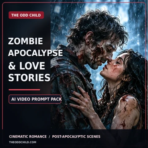 Zombie apocalypse AI video prompts cover featuring two survivors embracing in a dark, rainy post-apocalyptic city