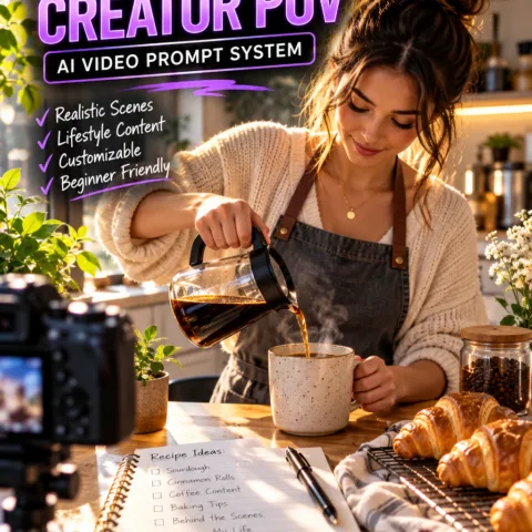 Authentic creator POV showing a first-person smartphone filming a morning coffee scene with natural light and a cozy cafe setting